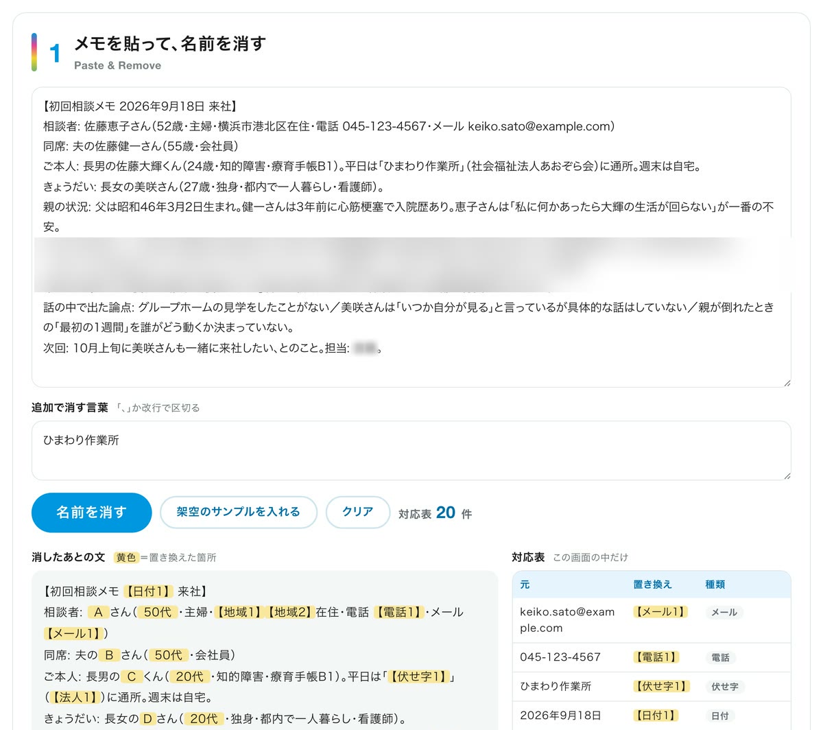 名前・住所・電話をAIに渡す前に消す道具の画面（架空の相談メモ）