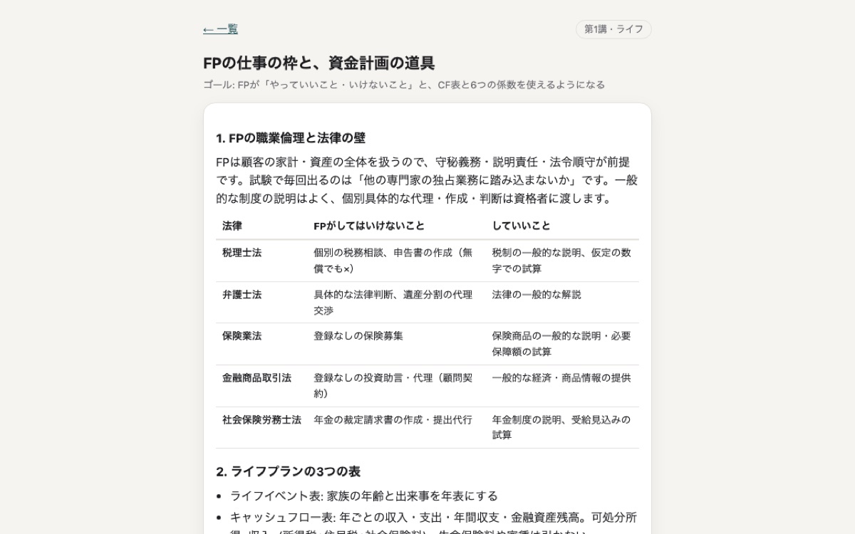 FP3道場（FP3級の学習ツール）の講義画面